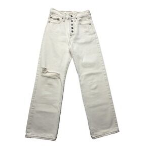 Levis Ribcage Straight Ankle Jeans Womens 24 White High Rise Distressed Button
